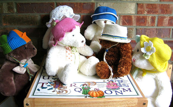 Back row: Eyelet Ruffle, Ahoy Mate.  Front row:  Clownin' Around, Petal Princess, Gone Fishing, Flora Fedora